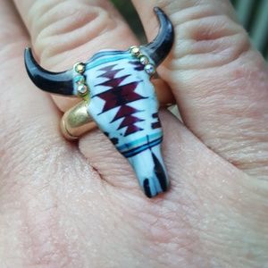 Boho Hippie Steer head long horn south western vibes stretch Ring